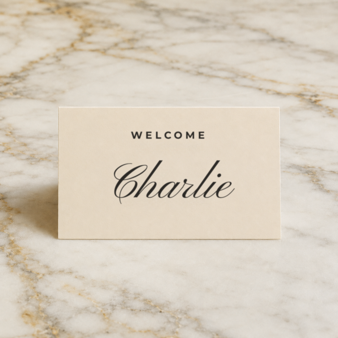 The Lucienne place card, personalised with a guest name, printed in Australia
