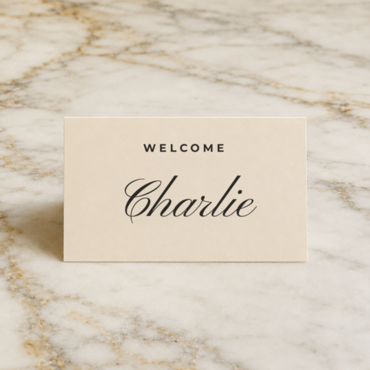 The Lucienne place card, personalised with a guest name, printed in Australia