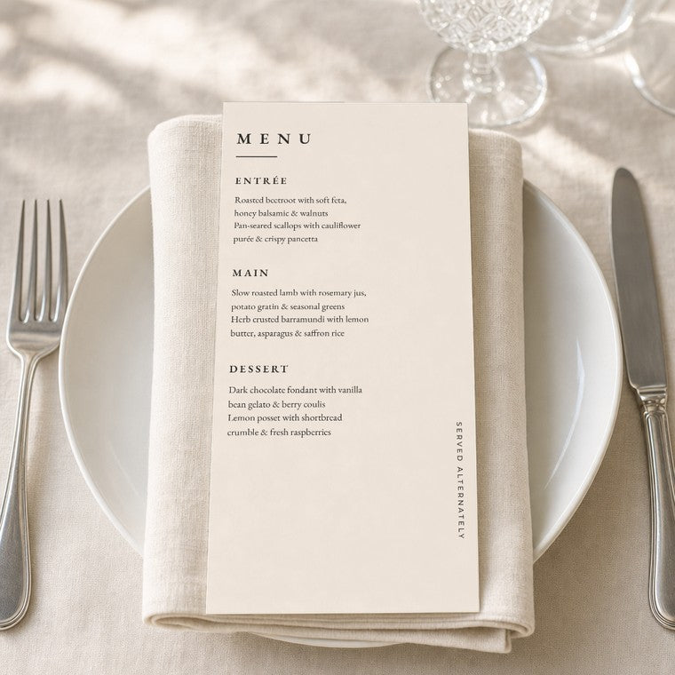 The Almond wedding menu at a place setting, resting on a folded napkin