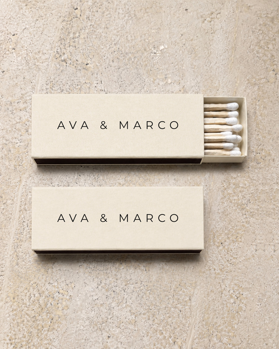 Alba slim matchbox in ivory, open and closed pair on stone