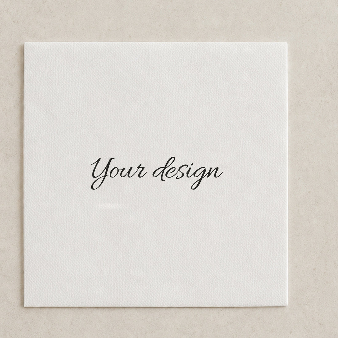A blank cocktail napkin printed with the words Your design, ready for your own artwork
