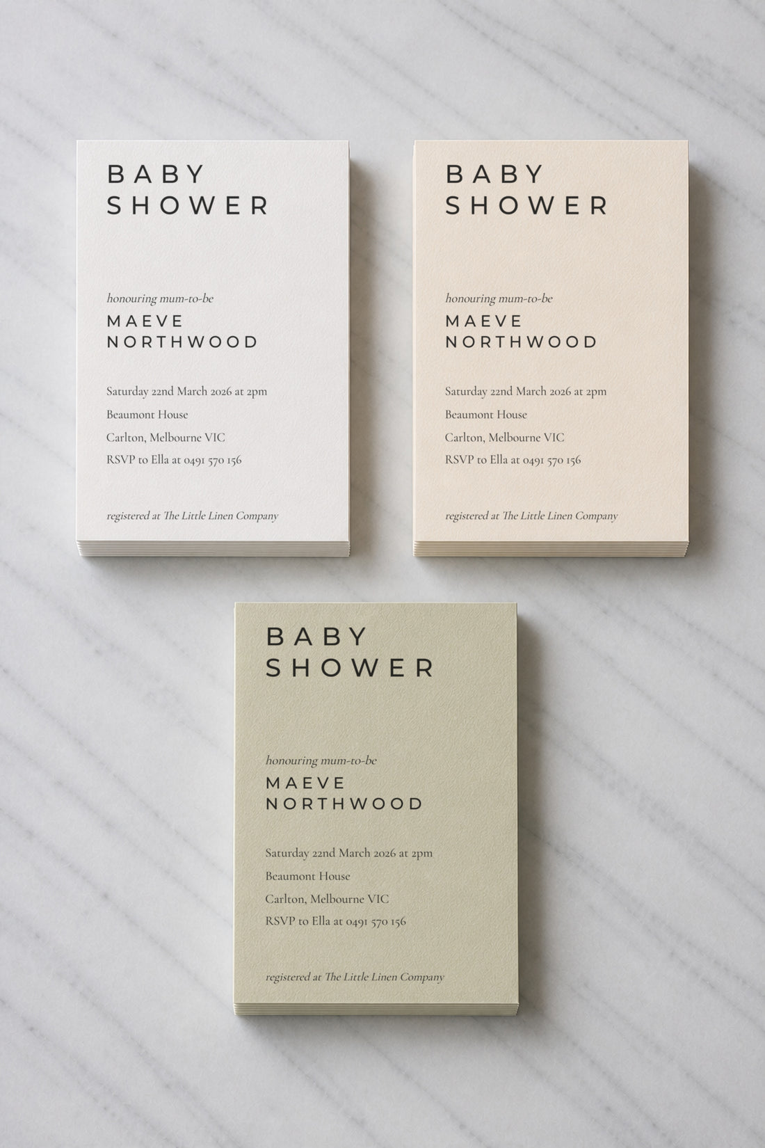 The Berrima baby shower invitation, shown in three colourways