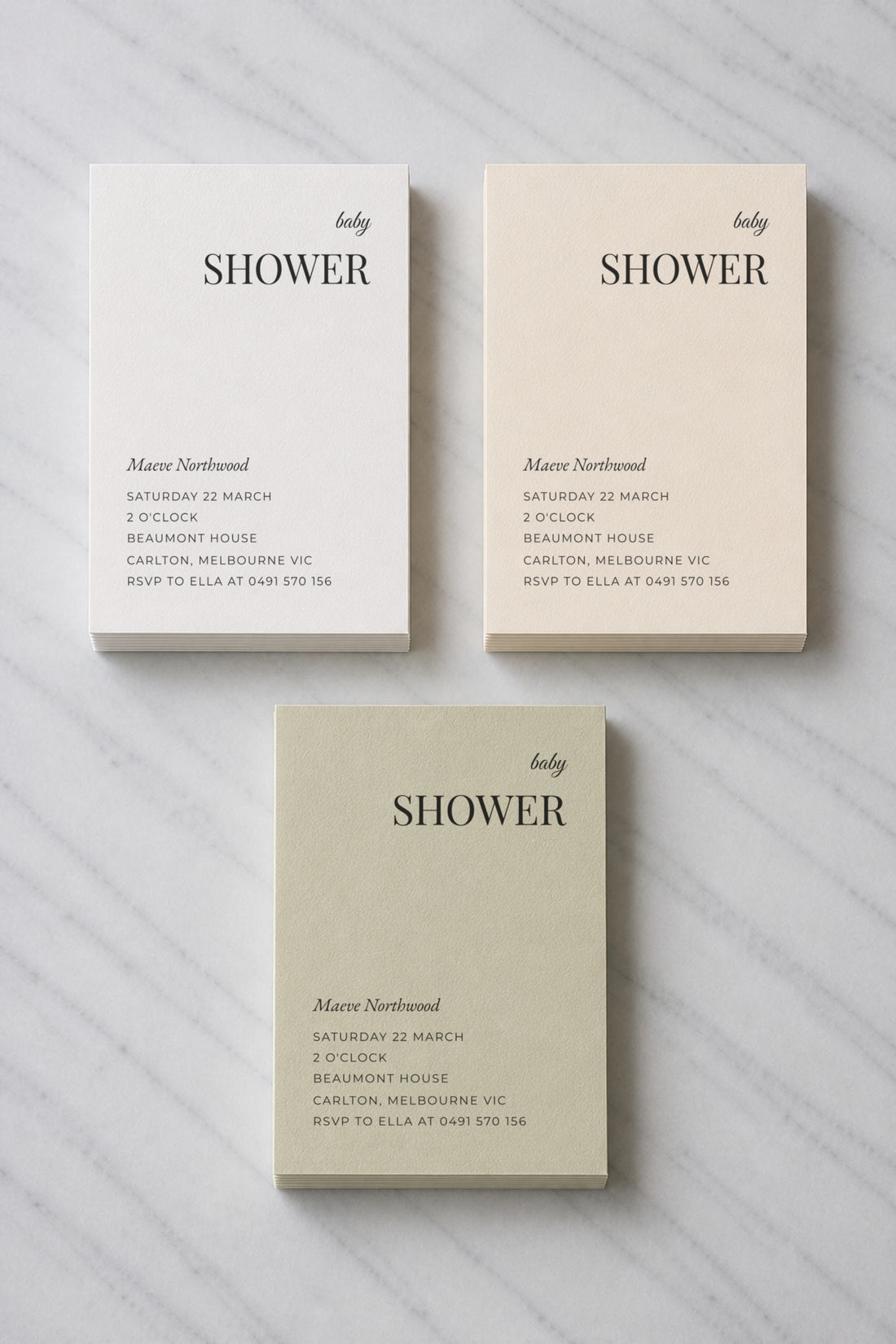 The Highgate baby shower invitation, shown in three colourways
