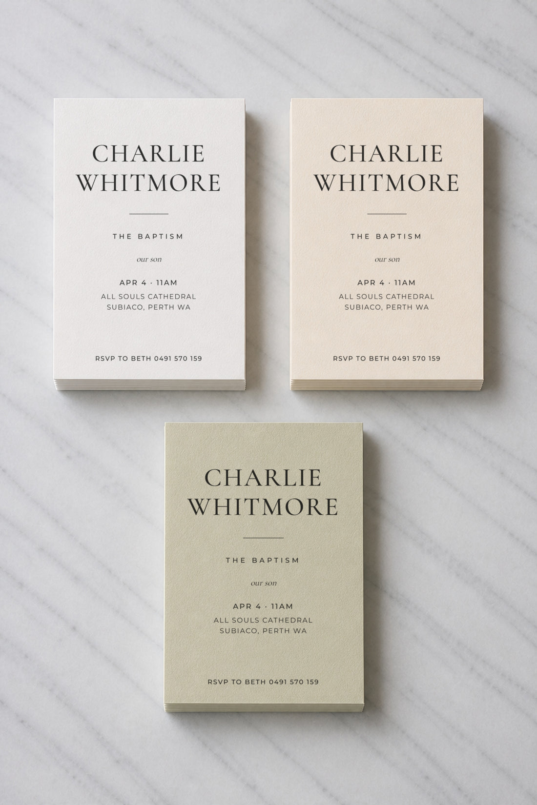 The Halliwell christening invitation, shown in three colourways