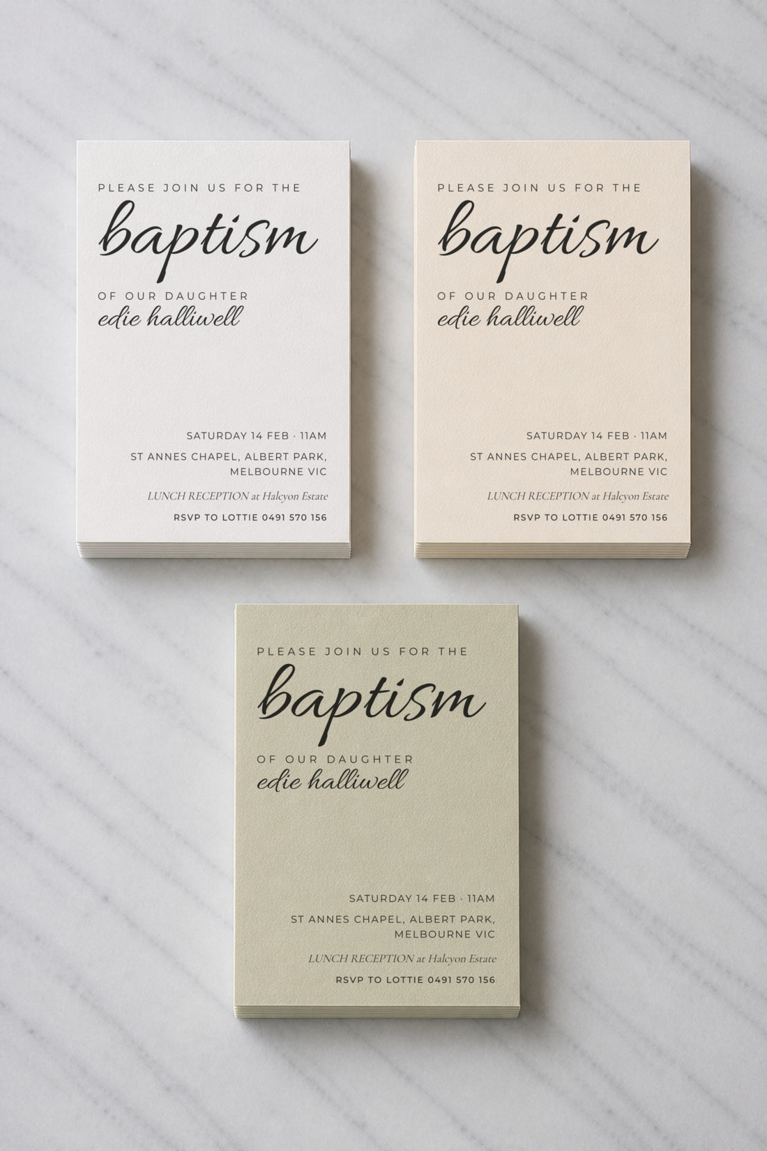 The Barley christening invitation, shown in three colourways