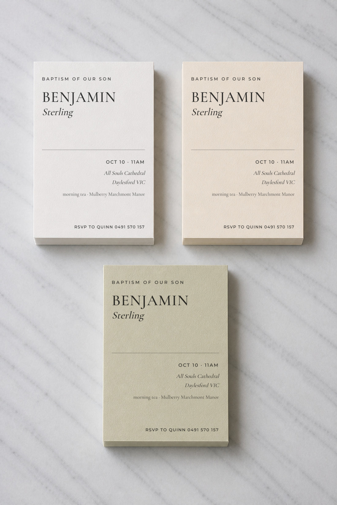 The Compton christening invitation, shown in three colourways