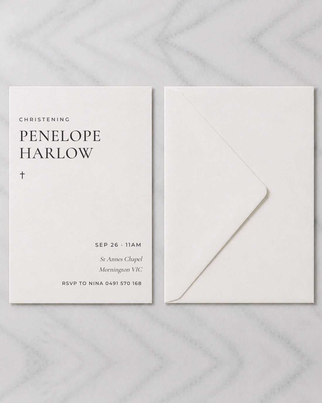The Birch christening invitation, shown with its envelope