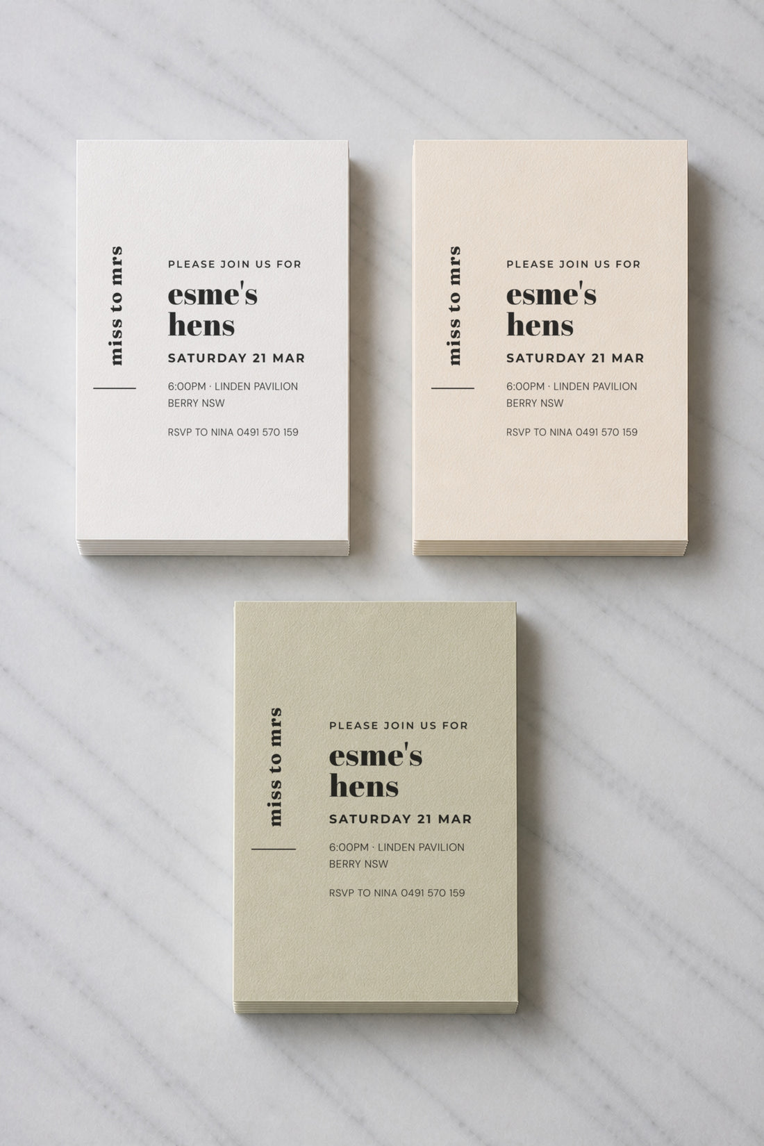 The Margot hens invitation, shown in three colourways