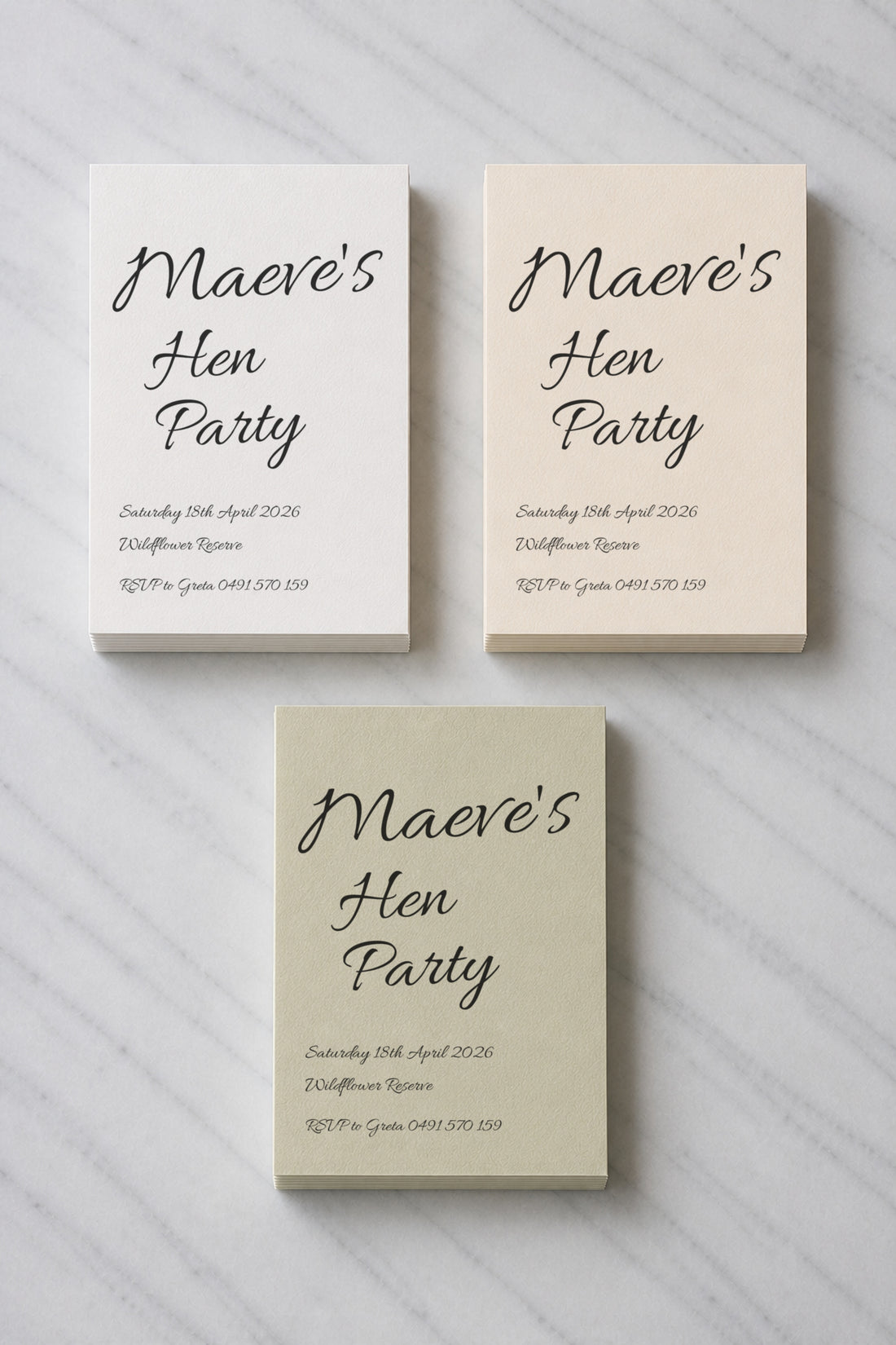 The Beatrix hens invitation, shown in three colourways