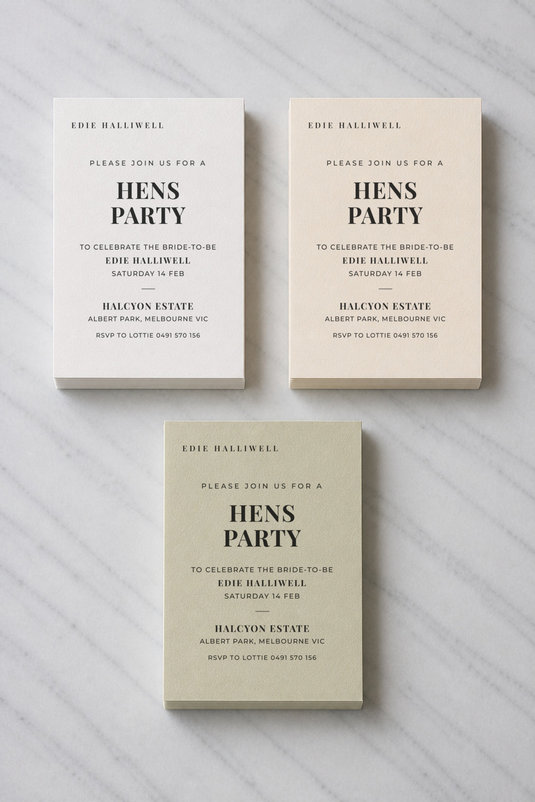 The Vivienne hens invitation, shown in three colourways