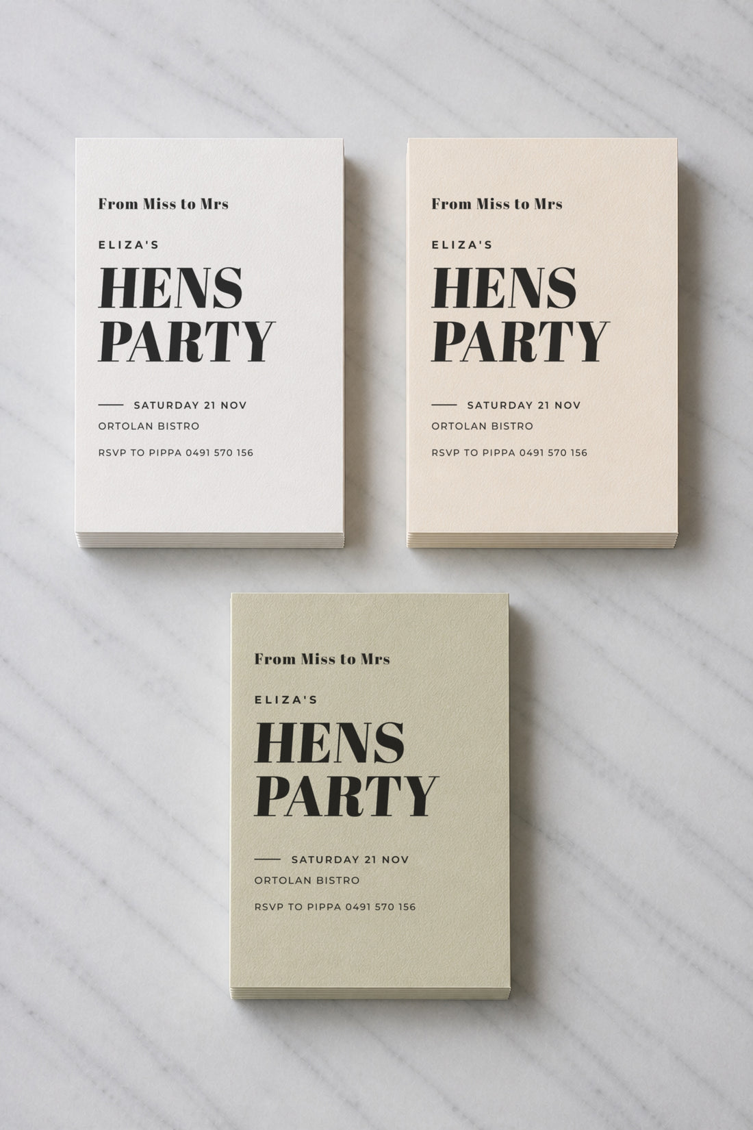 The Wattle hens invitation, shown in three colourways