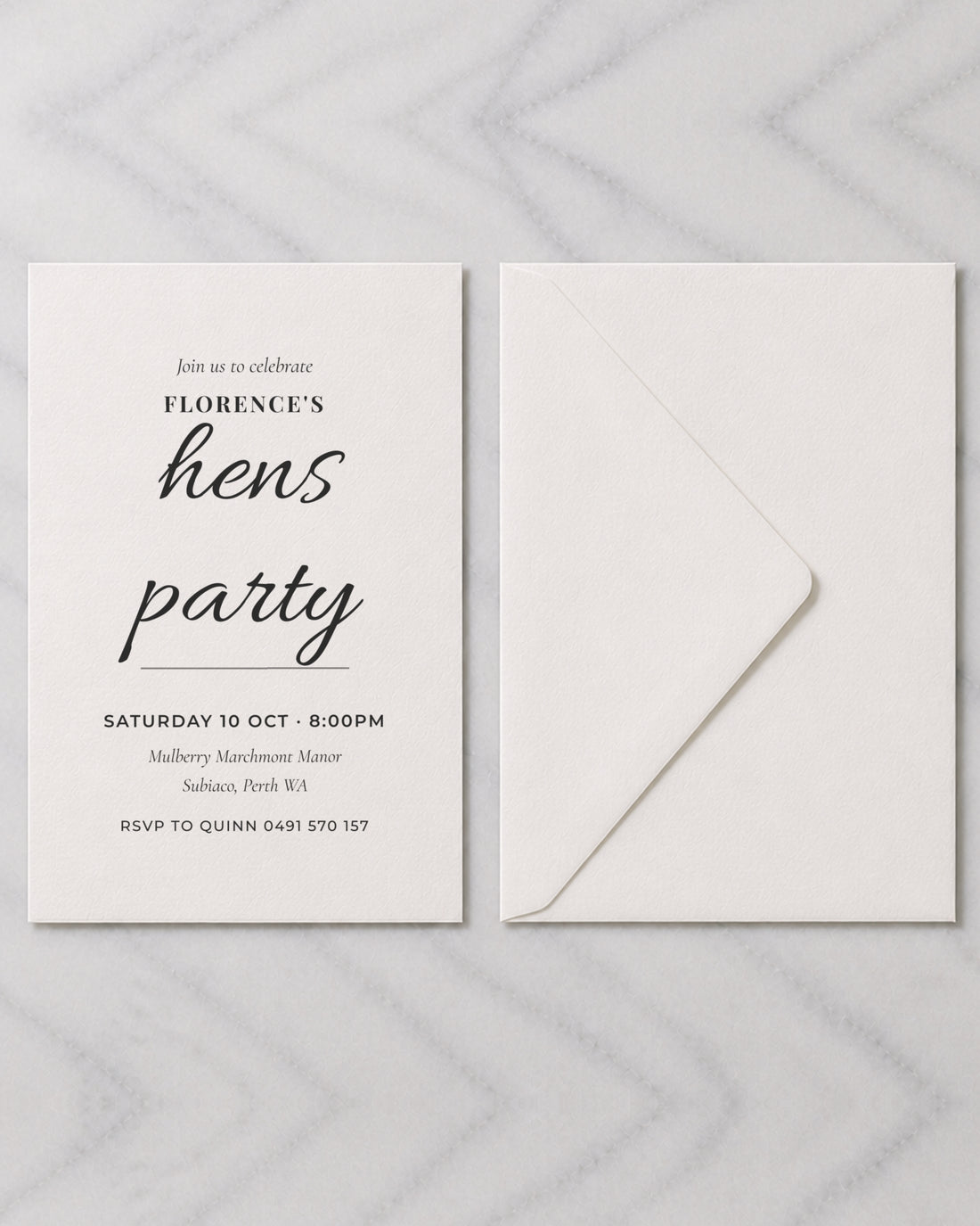 The Lagoon hens invitation, shown with its envelope
