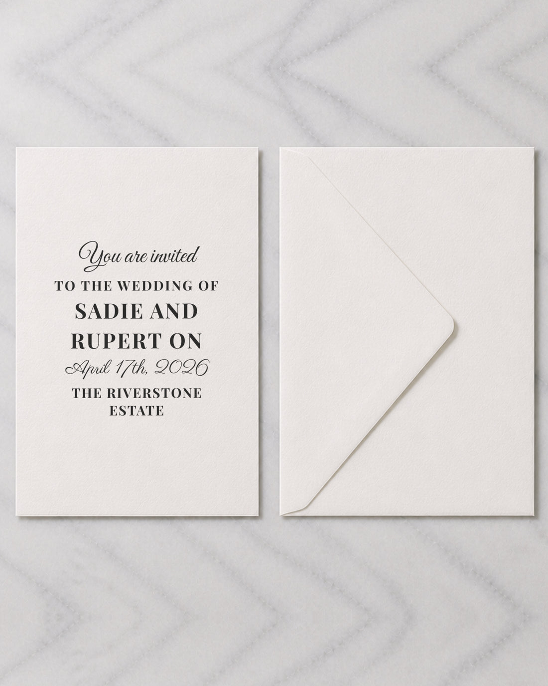 The Birchgrove wedding invitation, shown with its envelope