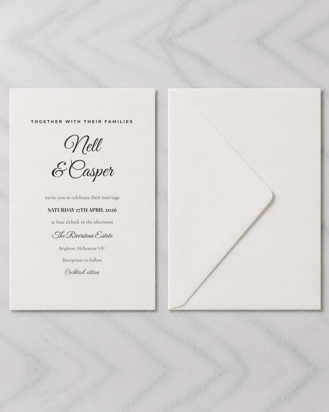 The Rosalind wedding invitation, shown with its envelope