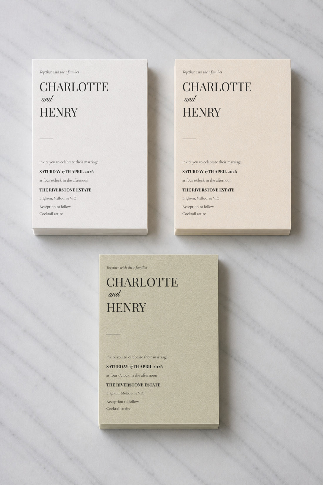 The Jervis wedding invitation, shown in three colourways