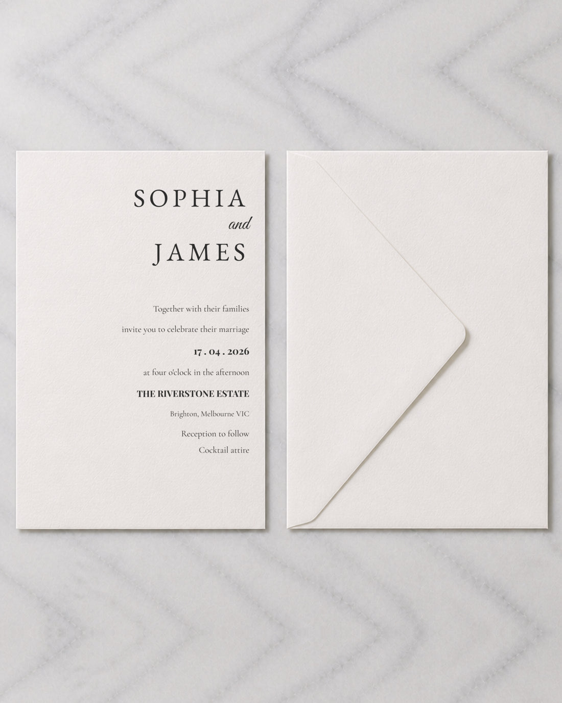 The Seacliff wedding invitation, shown with its envelope
