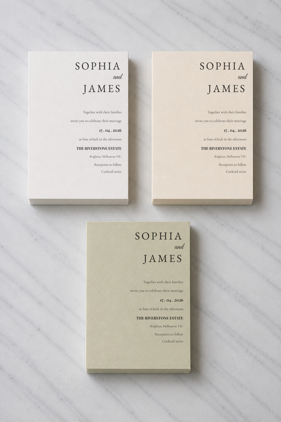 The Seacliff wedding invitation, shown in three colourways