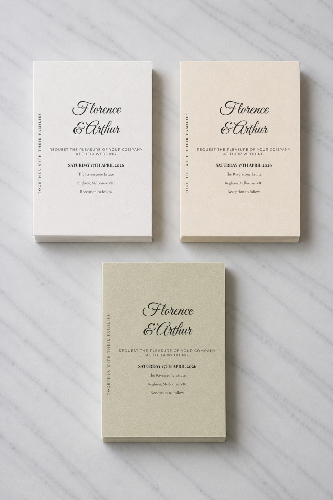 The Quill wedding invitation, shown in three colourways