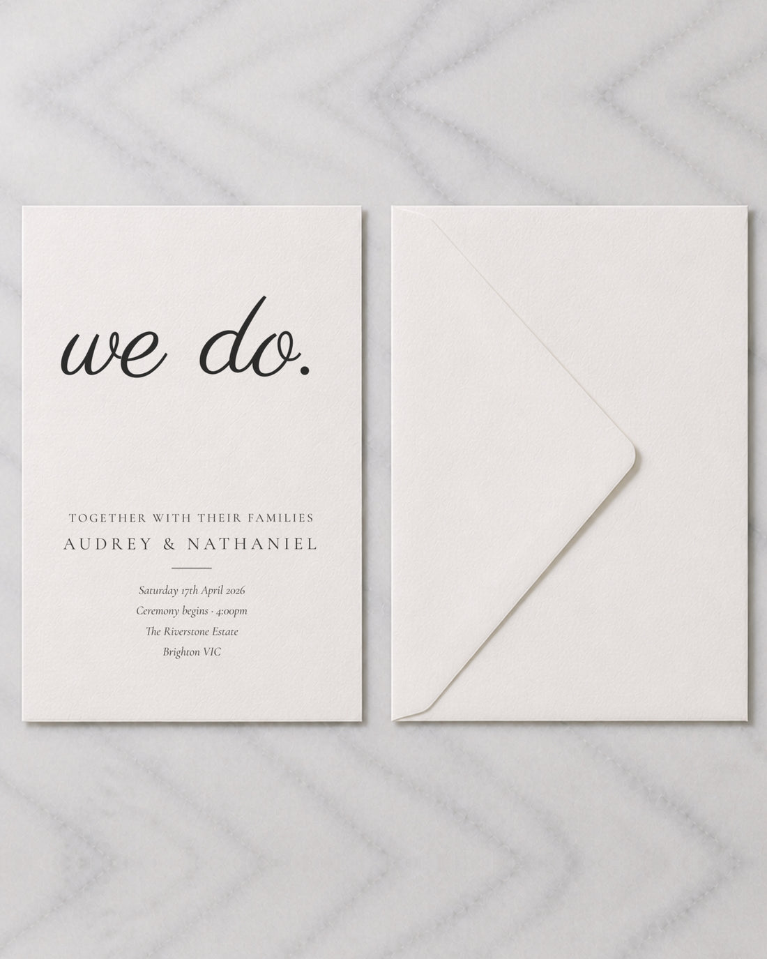 The Coogee wedding invitation, shown with its envelope