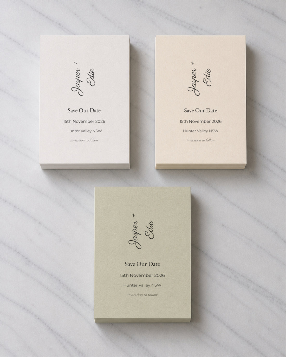 The Bayview save the date, shown in three colourways