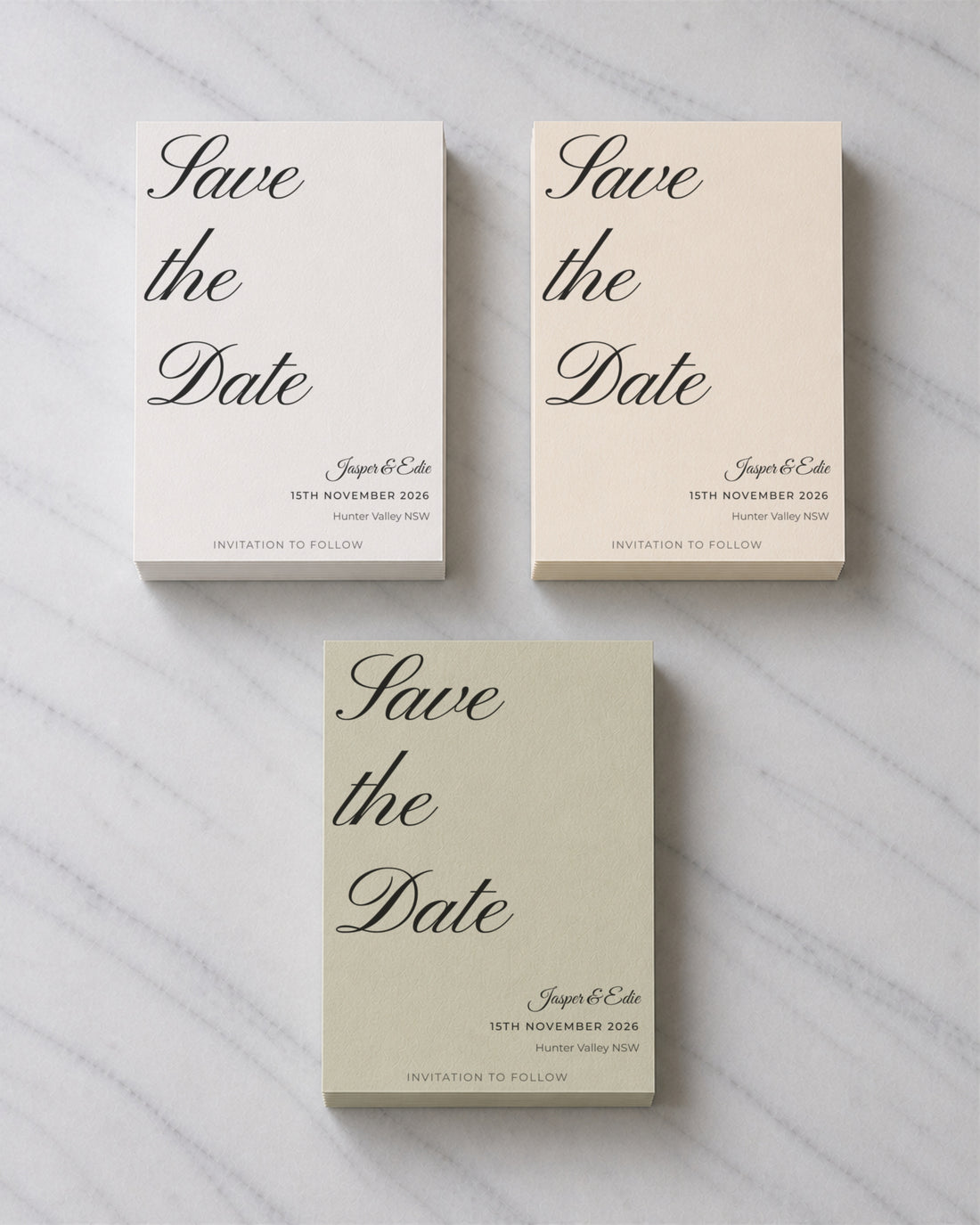The Rosslyn save the date, shown in three colourways