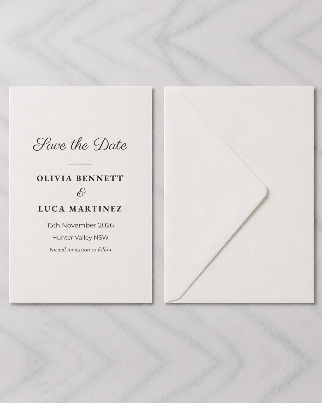 The Primrose save the date, shown with its envelope