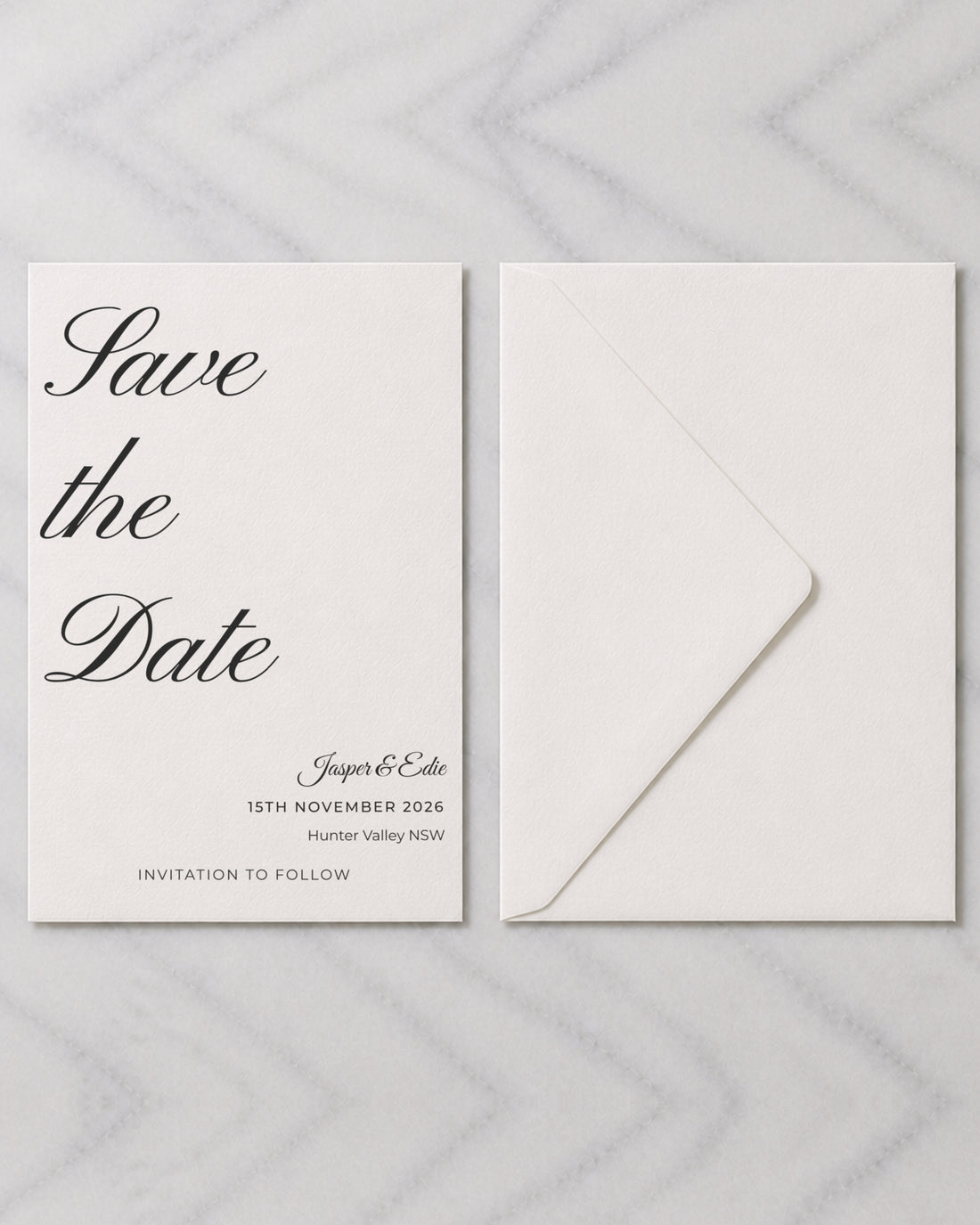 The Rosslyn save the date, shown with its envelope