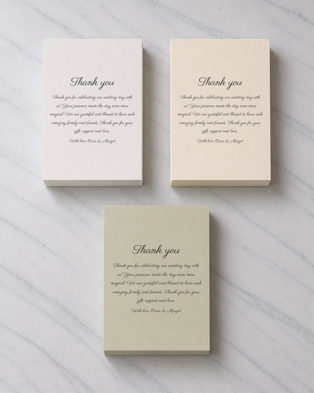 Three stacks of Handwritten thank you cards in Porcelain, Ivory and Sage Green