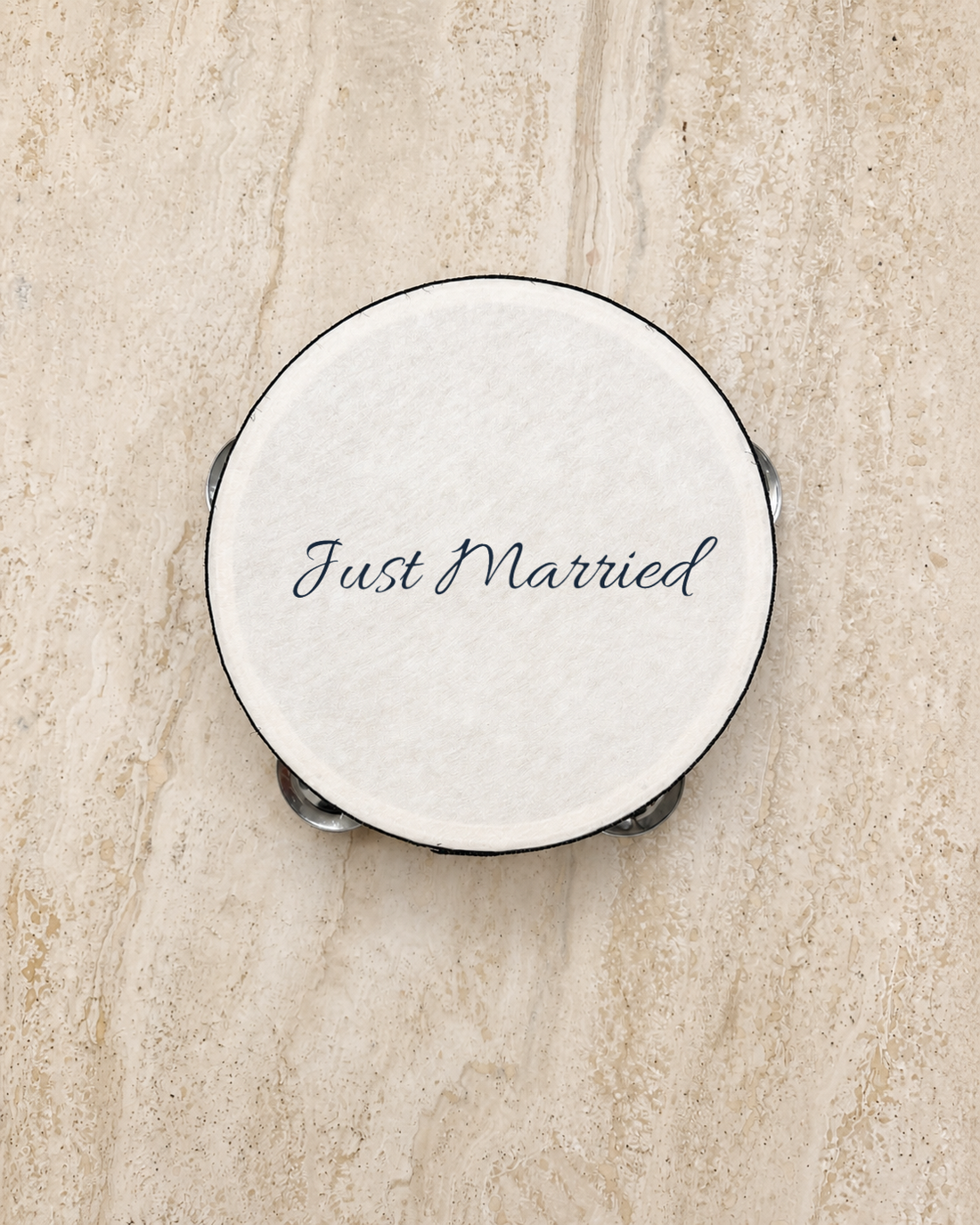 The Just Married tambourine, printed in navy script in Australia