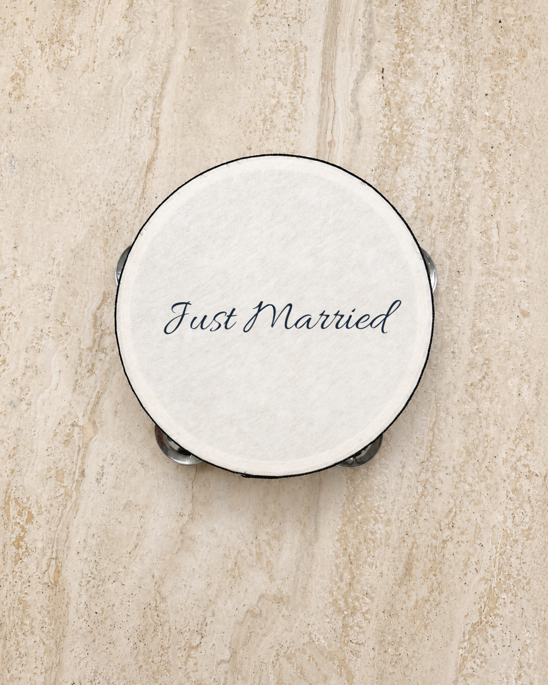 The Just Married tambourine, printed in navy script in Australia