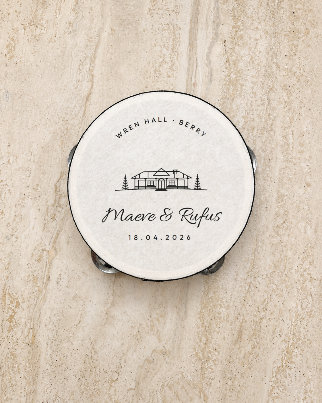 The Venue Sketch tambourine, personalised and printed in Australia