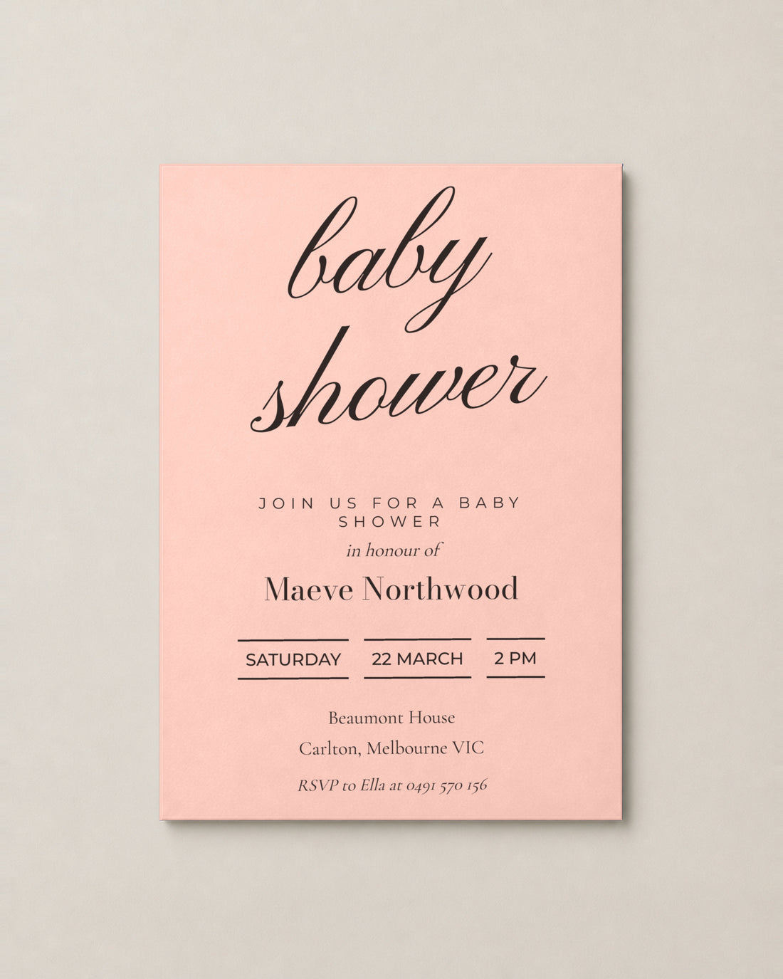 The Bowral baby shower invitation, personalised and printed in Australia