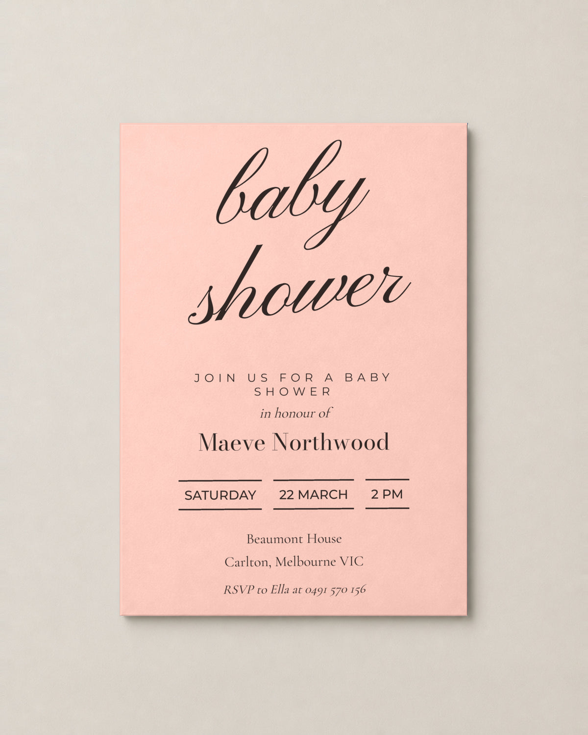 The Bowral baby shower invitation, personalised and printed in Australia