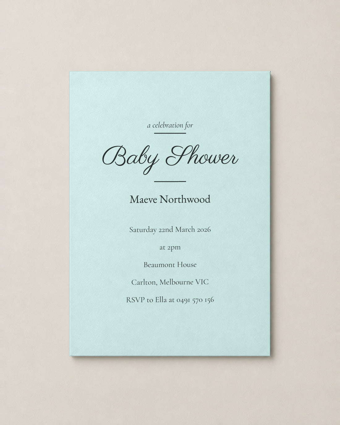 The Hawthorn baby shower invitation, personalised and printed in Australia