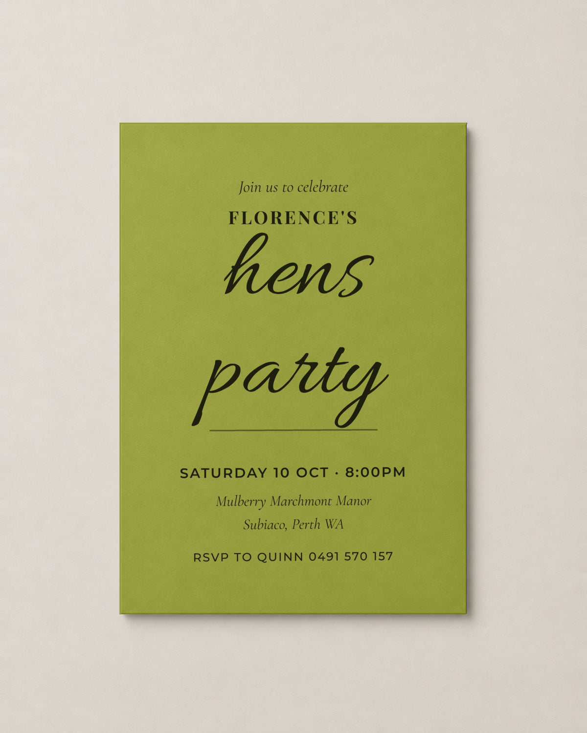 The Lagoon hens invitation, personalised and printed in Australia
