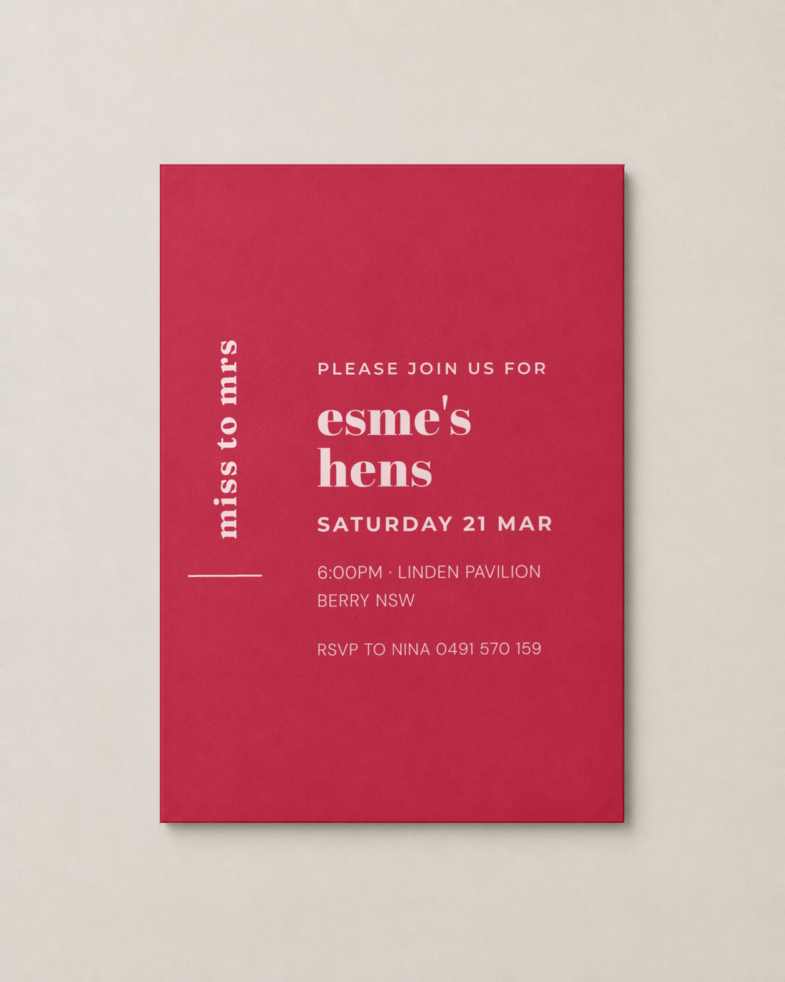 The Margot hens invitation, personalised and printed in Australia
