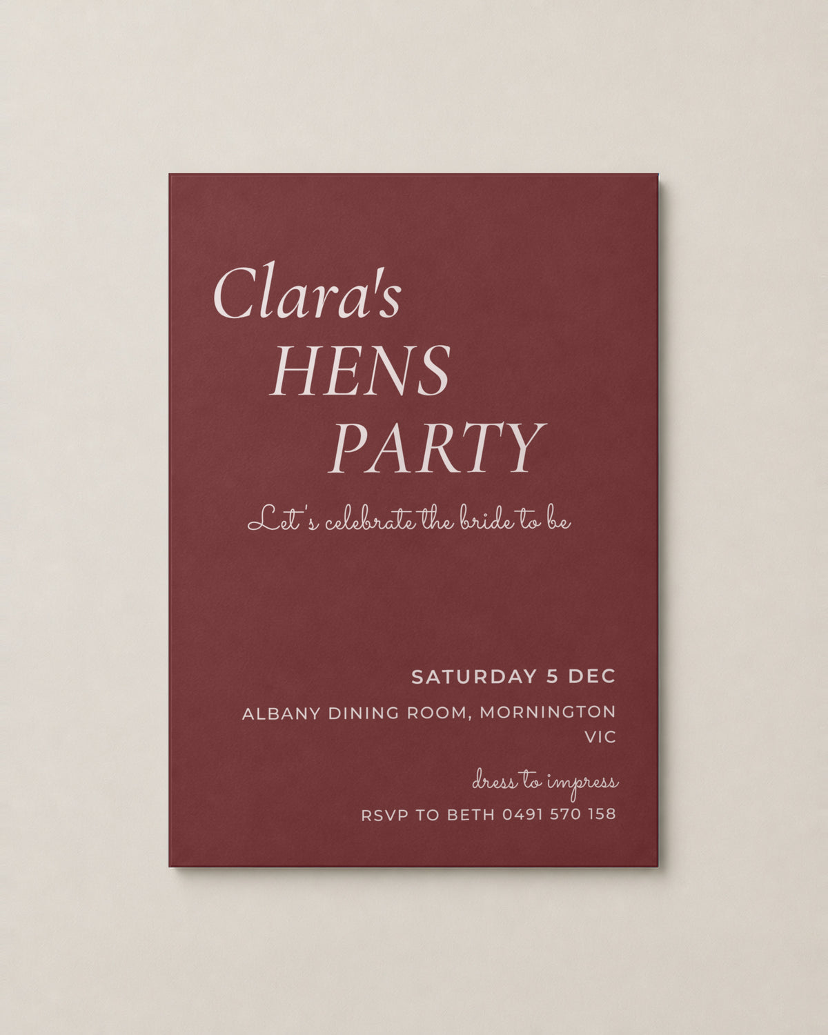 The Merlot hens invitation, personalised and printed in Australia