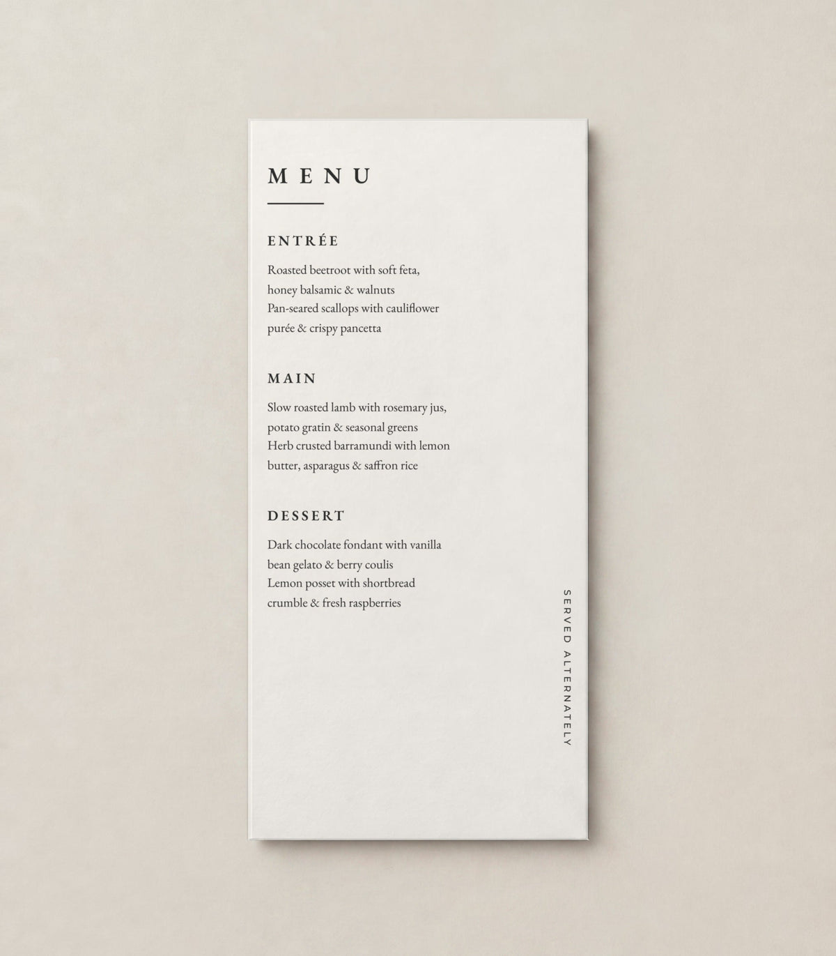 The Almond wedding menu, personalised and printed in Australia