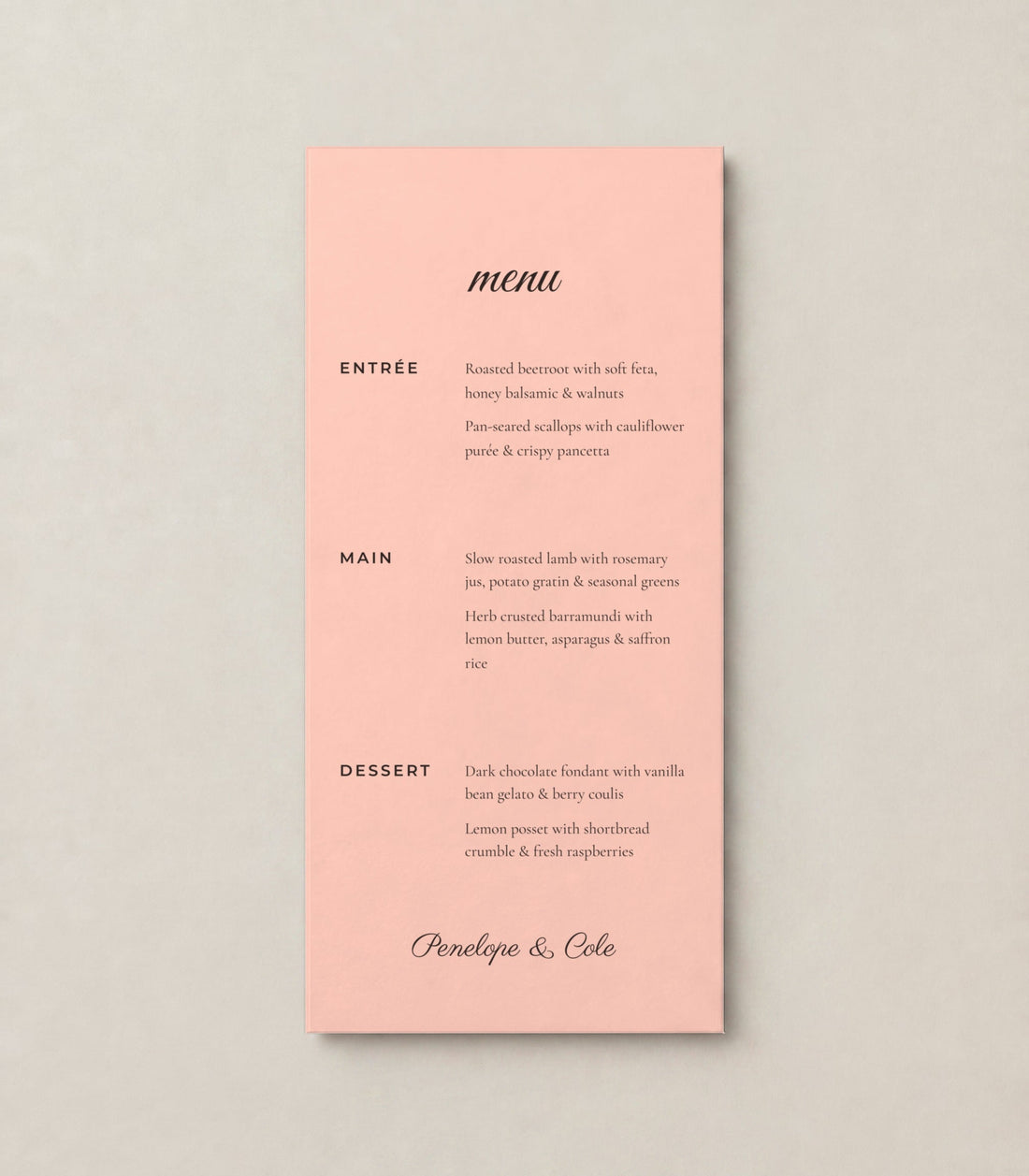 The Juniper wedding menu, personalised and printed in Australia
