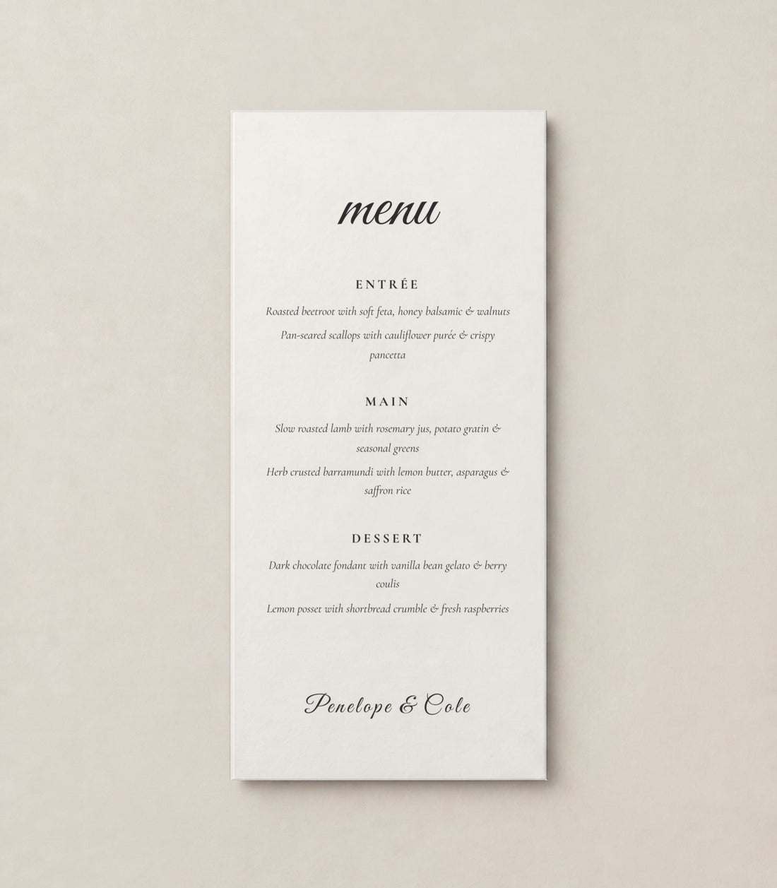 The Ivory Cloud wedding menu, personalised and printed in Australia