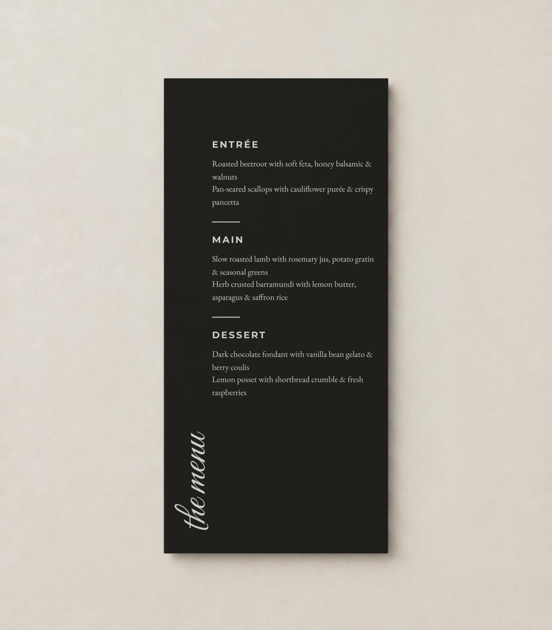 The Peony wedding menu, personalised and printed in Australia