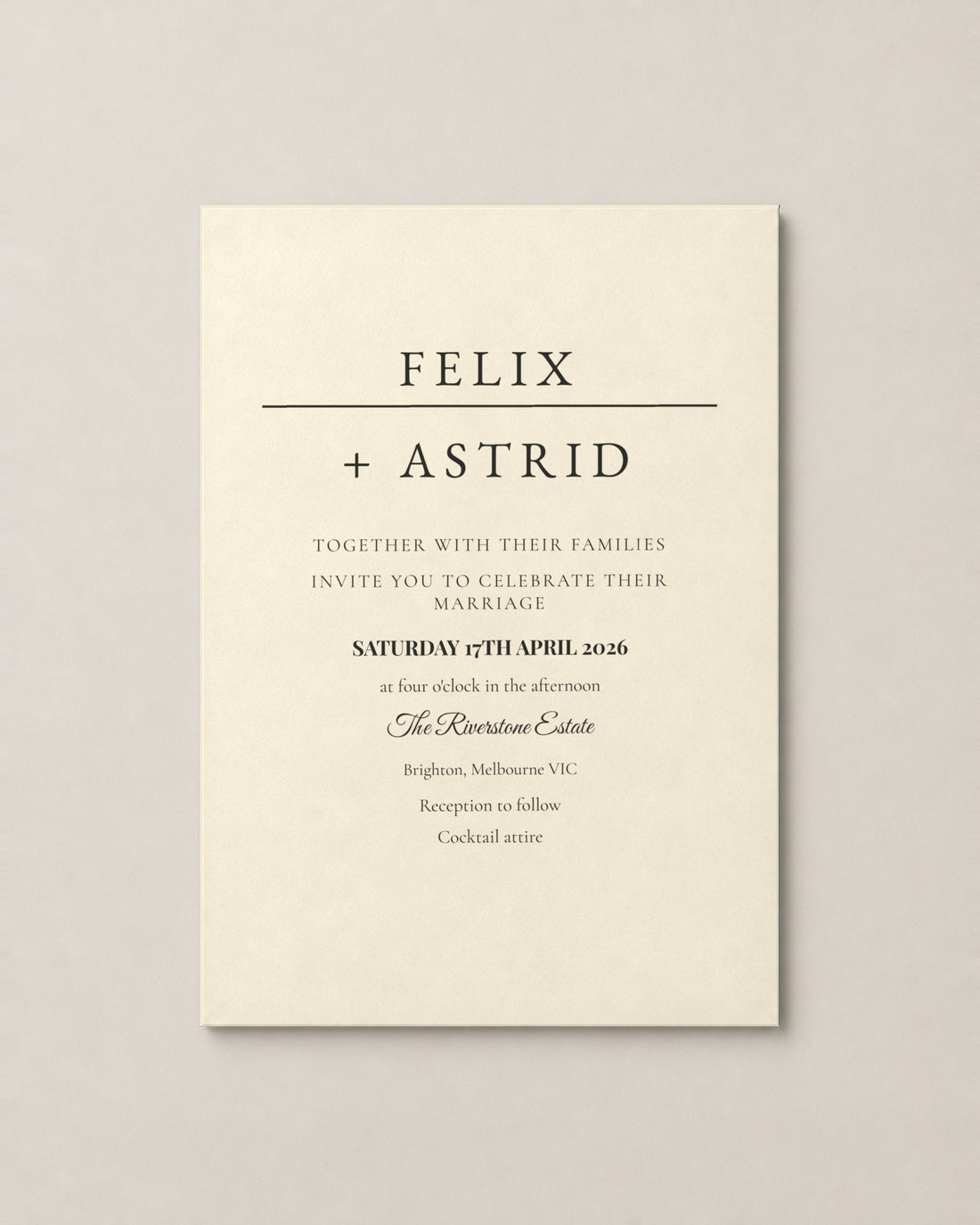 The Winslow wedding invitation, personalised and printed in Australia