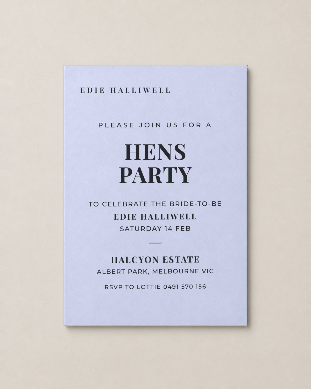 The Vivienne hens invitation, personalised and printed in Australia