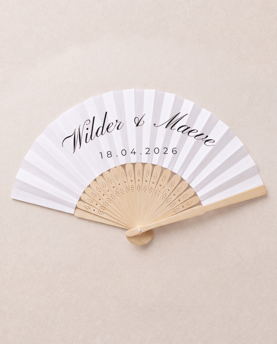 Personalised wedding fan in the Wilder design, made in Australia by Solène
