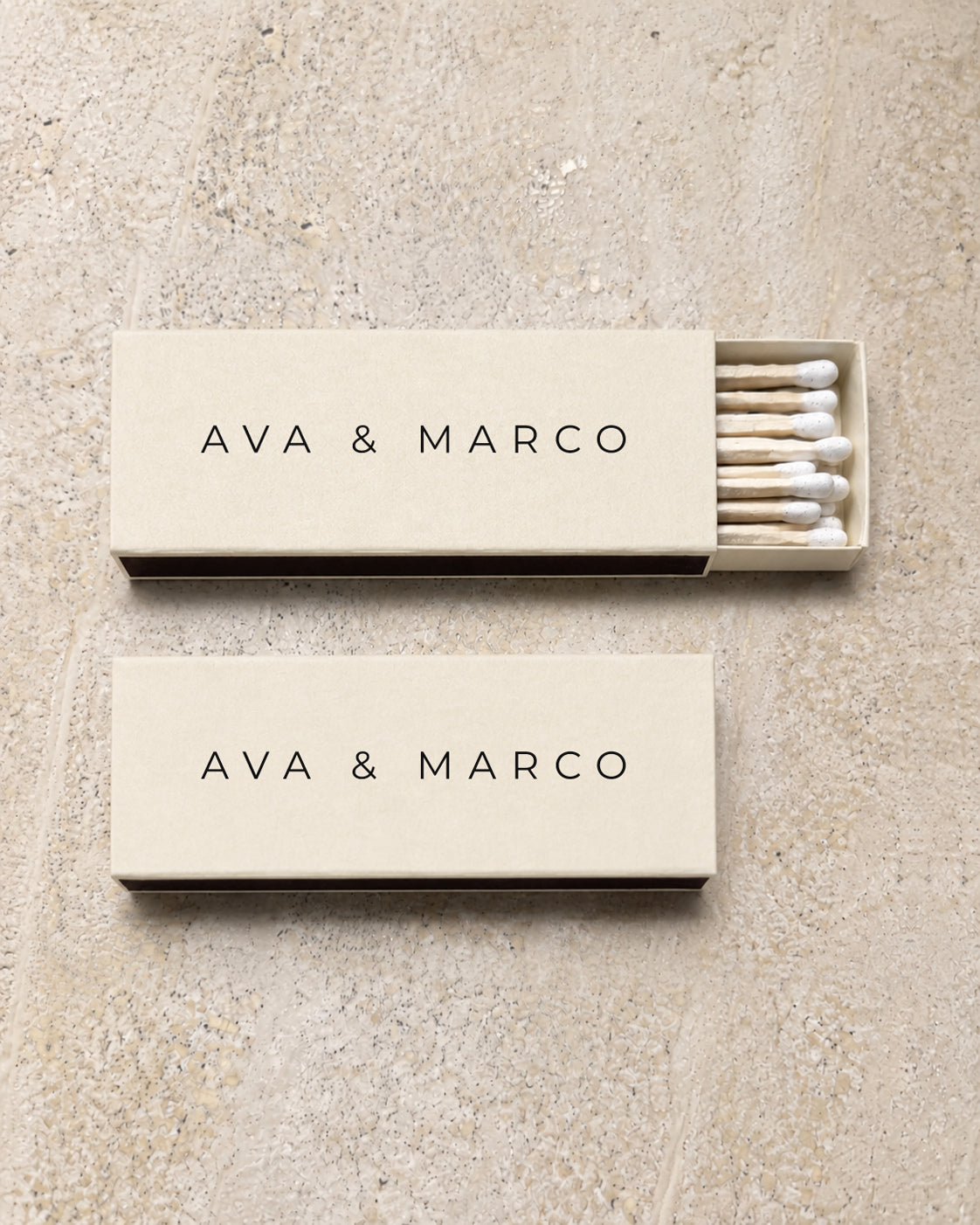 Alba slim matchbox in ivory, open and closed pair on stone