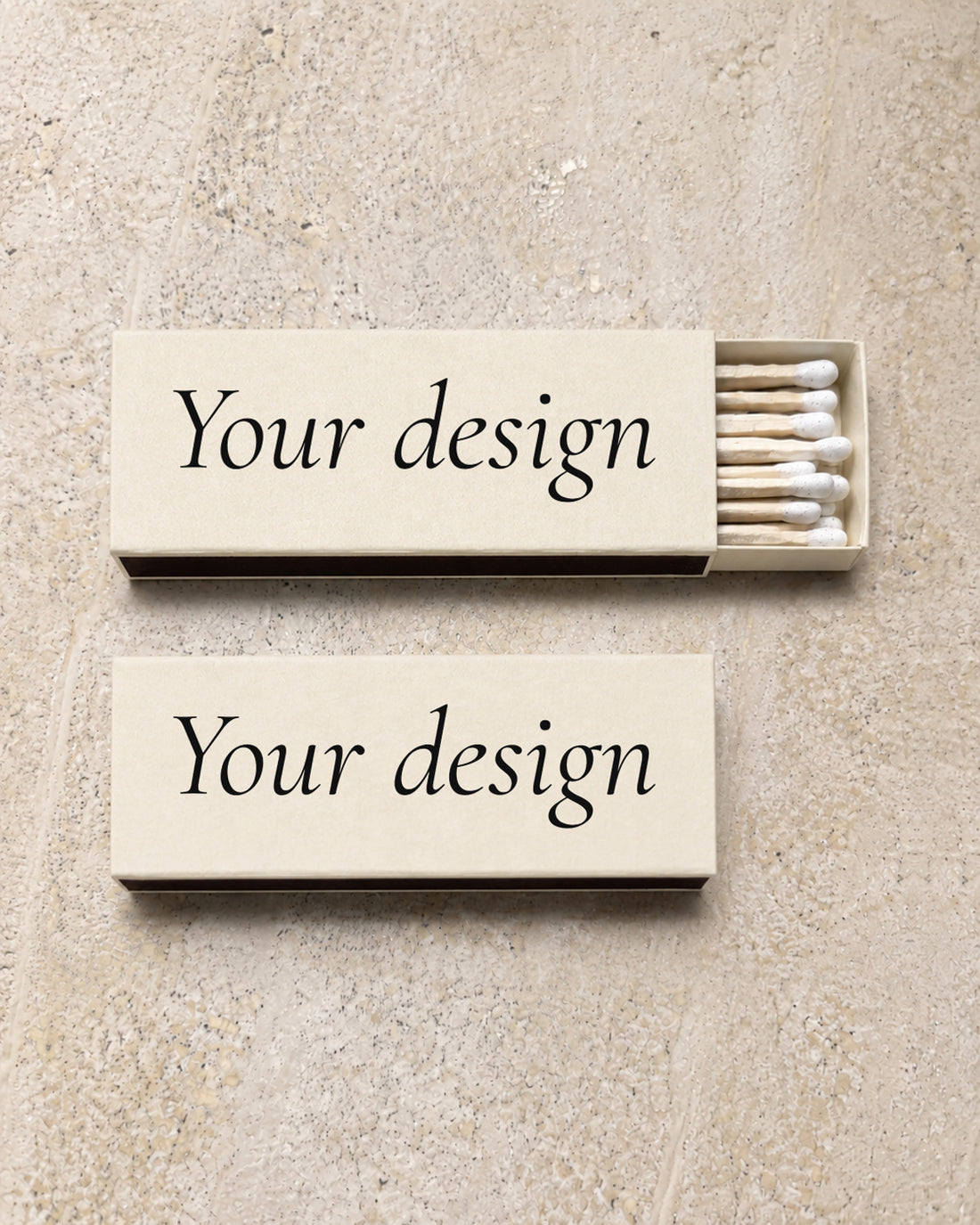 Your Design slim matchbox in ivory, open and closed pair on stone