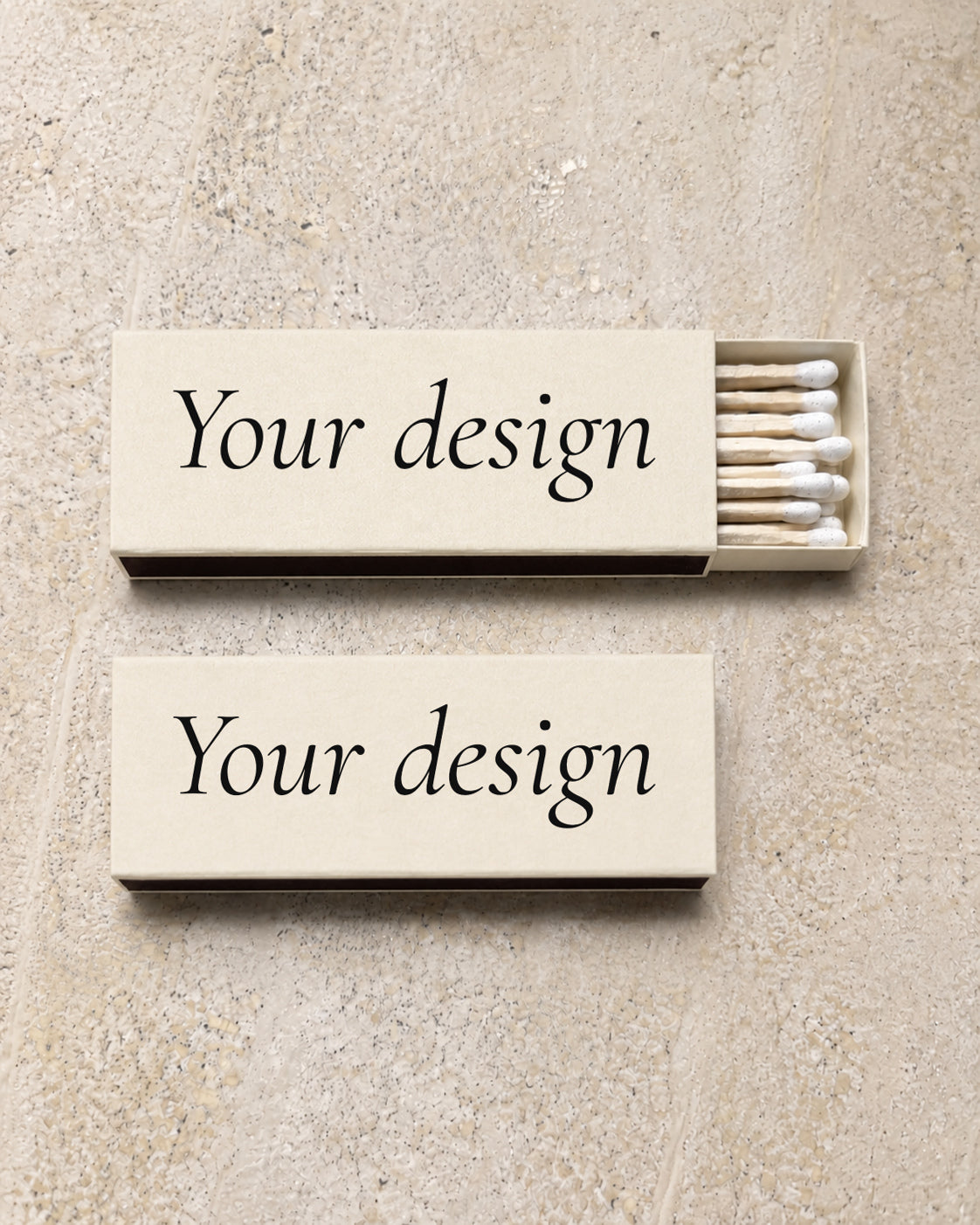Your Design slim matchbox in ivory, open and closed pair on stone