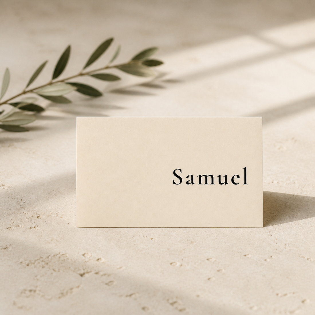 Arlington place card, styled with olive