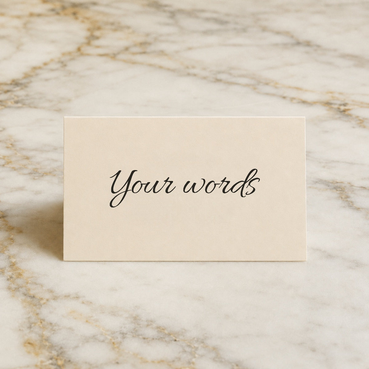 A blank wedding place card printed with the words Your words, ready for your own wording