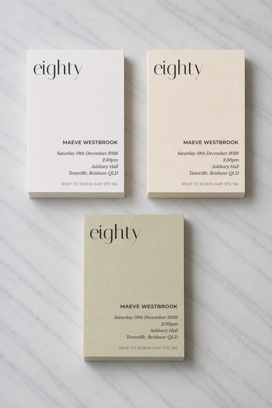 The Inlet birthday invitation, shown in three colourways
